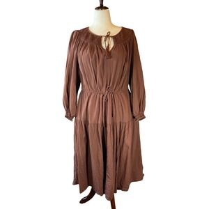 Tiered Midi Boho Peasant Dress 2X Brown Smocked Gauze